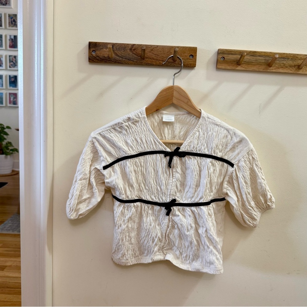 Zara Cream Textured Blouse with Black Tie